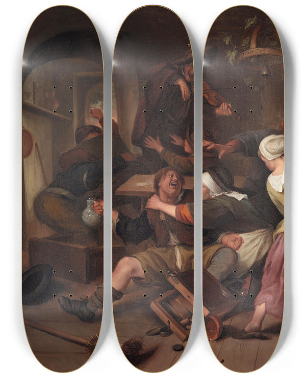 Triptych art skateboard deck of Jan Steen Gamblers Quarreling by Jan Steen (1626-1679)