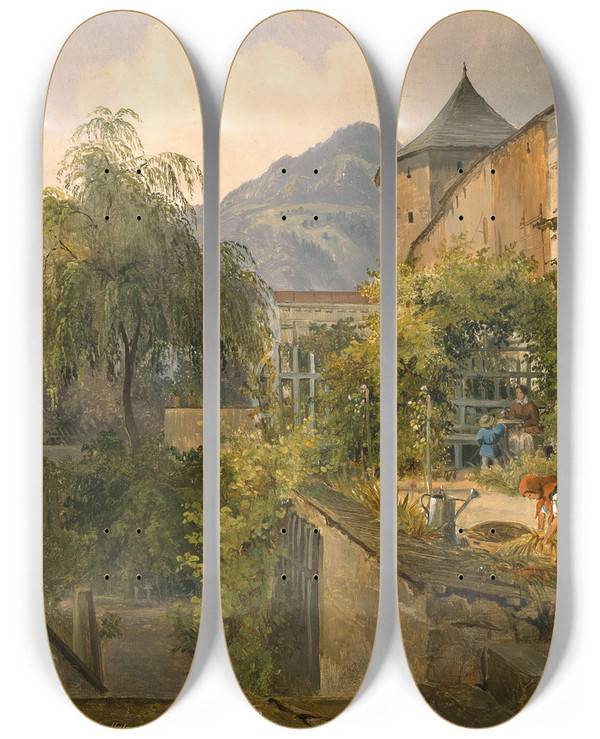 Triptych art skateboard deck of Ludwig Halauska A Garden Idyll by Ludwig Halauska (1827-1882)