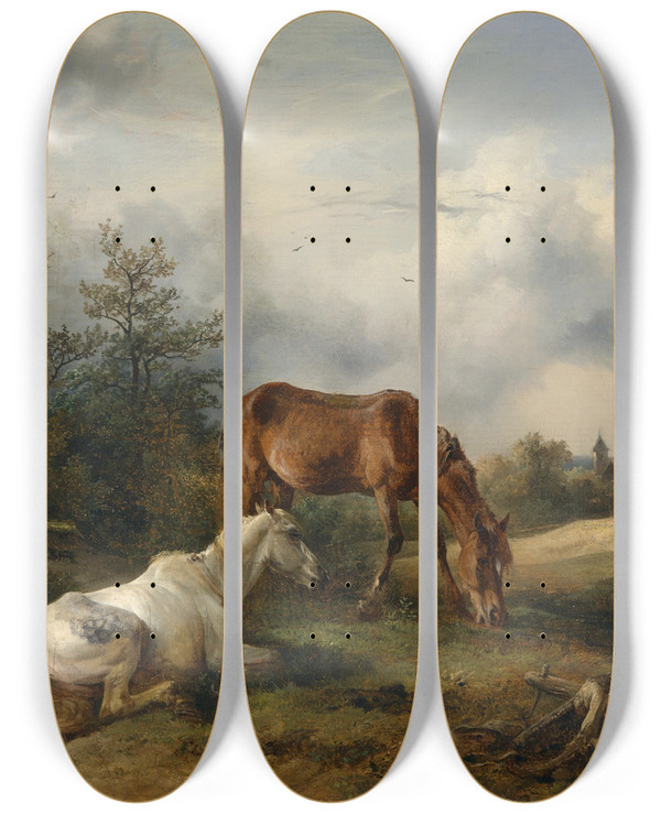Triptych art skateboard deck of Friedrich August Matthias Gauermann Schimmel Und Fuchs Auf Der Weide_1 by Friedrich August Matthias Gauermann (1807-1862)