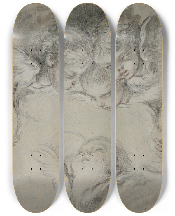 Triptych art skateboard deck of Franois Boucher Sechs Engelskpfe In Wolken by Francois Boucher (1703-1770)
