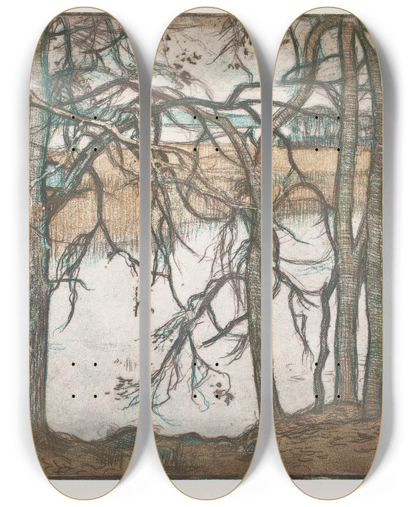 Triptych art skateboard deck of Eero Jrnefelt Lake Shore With Reeds_2 by Eero Jarnefelt (1863-1937)