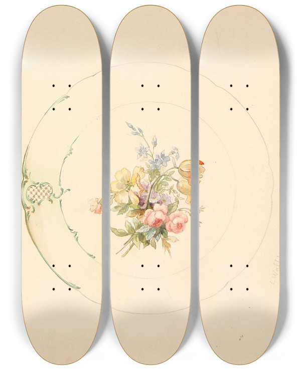 Triptych art skateboard deck of Lilly Walther Kavand Portselantaldrikule_3 by Lilly Walther (1866-1946)