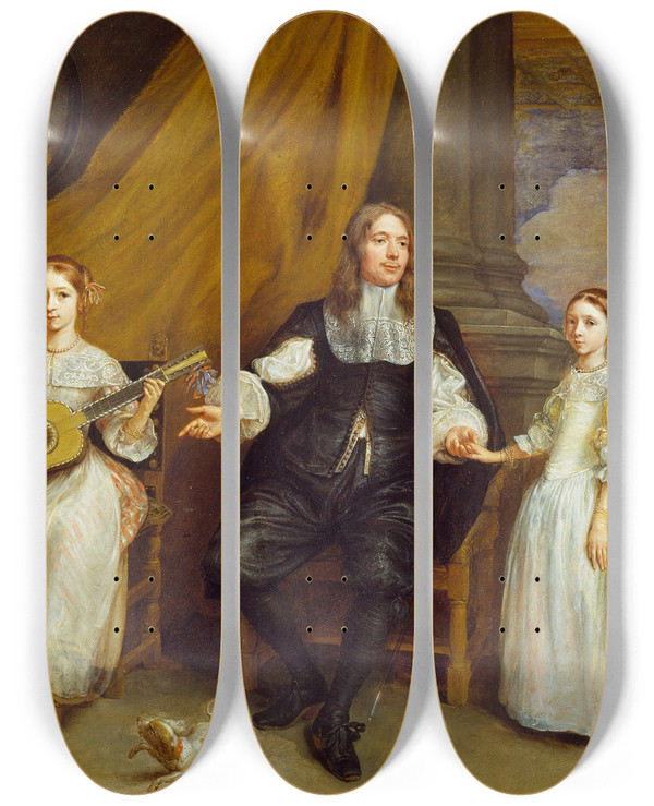 Triptych art skateboard deck of Gonzales Coques A Gentleman With His Two Daughters by Gonzales Coques (1614-1684)