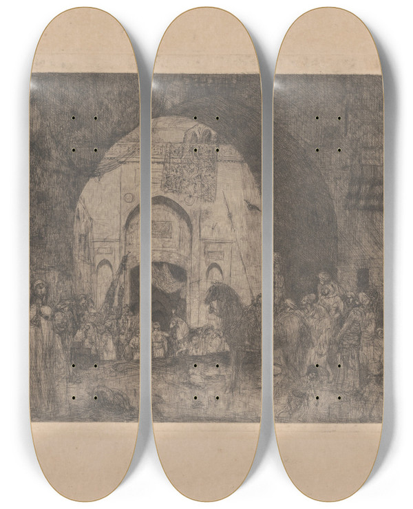 Triptych art skateboard deck of Marius Bauer Oosterse Ruiters En Mensen Bij Een Poort by Marius Bauer (1867-1932)