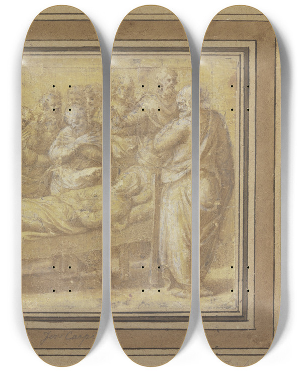 Triptych art skateboard deck of Girolamo Da Carpi Marys Death by Girolamo Da Carpi (1501-1556)
