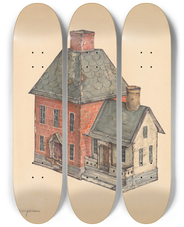 Triptych art skateboard deck of Nicholas Acampora Toy House by Nicholas Acampora