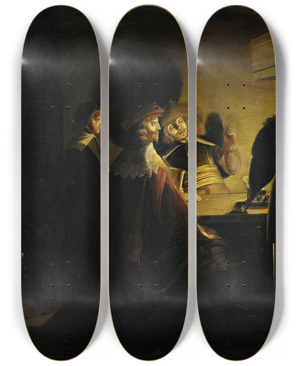 Triptych art skateboard deck of Wolfgang Heimbach Tavern Scene Lit By Candles by Wolfgang Heimbach (1615-1678)
