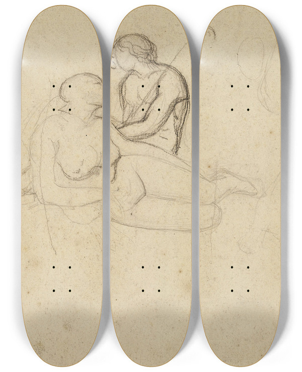 Triptych art skateboard deck of Jeanachille Benouville Homme Et Femme Nus Assis by Jean-Achille Benouville (1815-1891)