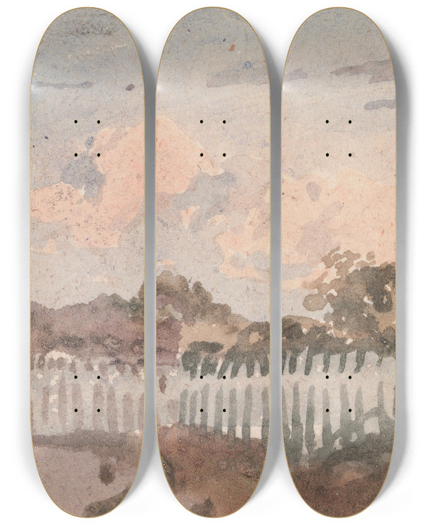 Triptych art skateboard deck of William Collins Landscape With Fence by William Collins (1788-1847)