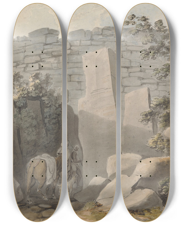 Triptych art skateboard deck of Samuel Davis Native And Horseman By A Ruin by Samuel Davis (1757-1819)