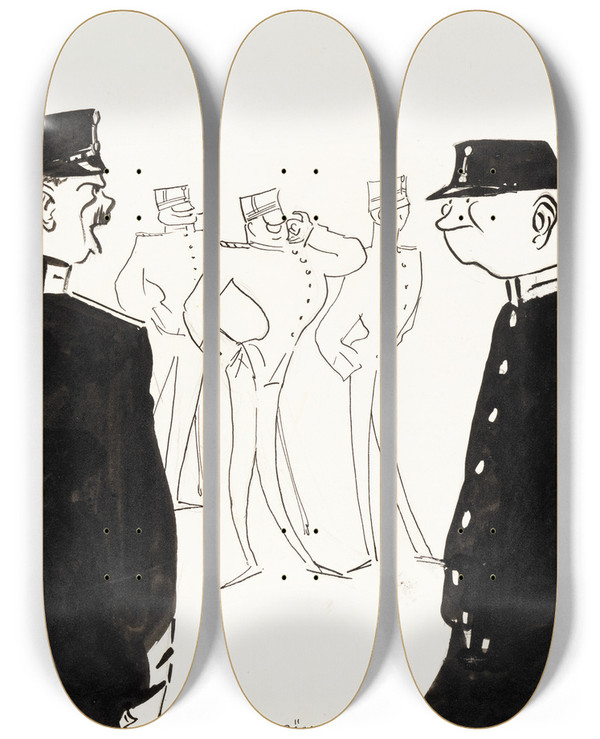 Triptych art skateboard deck of Albert Engstrm The Sergeant by Albert Engstrom (1869-1940)