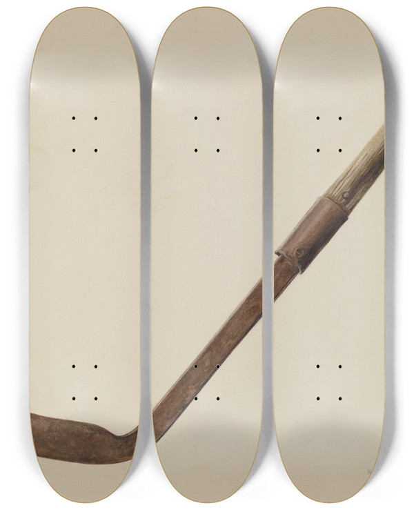 Triptych art skateboard deck of Herman O Stroh Corn Knife by Herman O Stroh