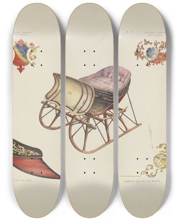 Triptych art skateboard deck of Rolland Ayres Goose Neck Cutter by Rolland Ayres