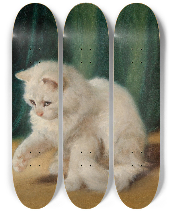 Triptych art skateboard deck of Arthur Heyer Cat With Ladybird by Arthur Heyer (1872-1931)