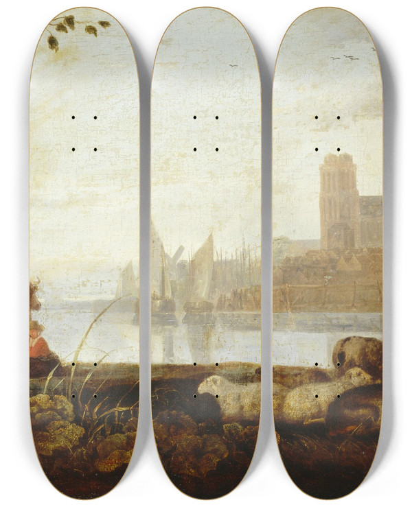 Triptych art skateboard deck of Aelbert Cuyp View On The Maas by Aelbert Cuyp (1620-1691)