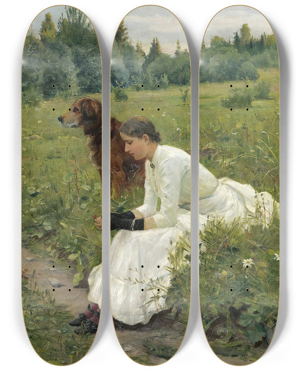 Triptych art skateboard deck of Gerhard Munthe Idyll by Gerhard Munthe (1849-1929)