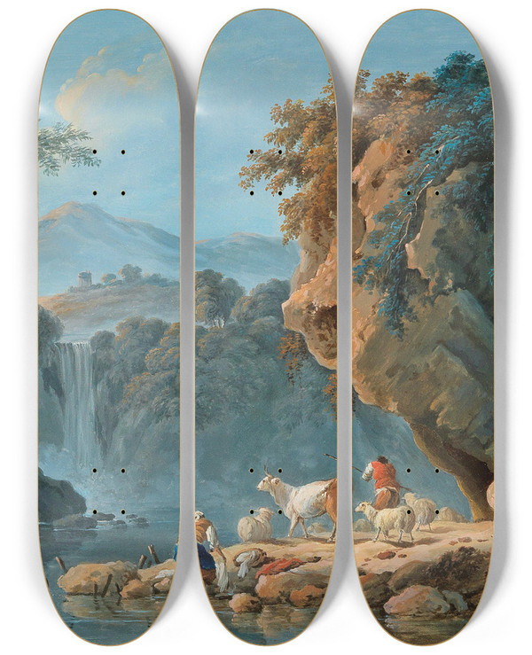 Triptych art skateboard deck of Jeanbaptiste Pillement A Shepherd Couple In A Mountainous Landscape by Jean-Baptiste Pillement (1728-1808)