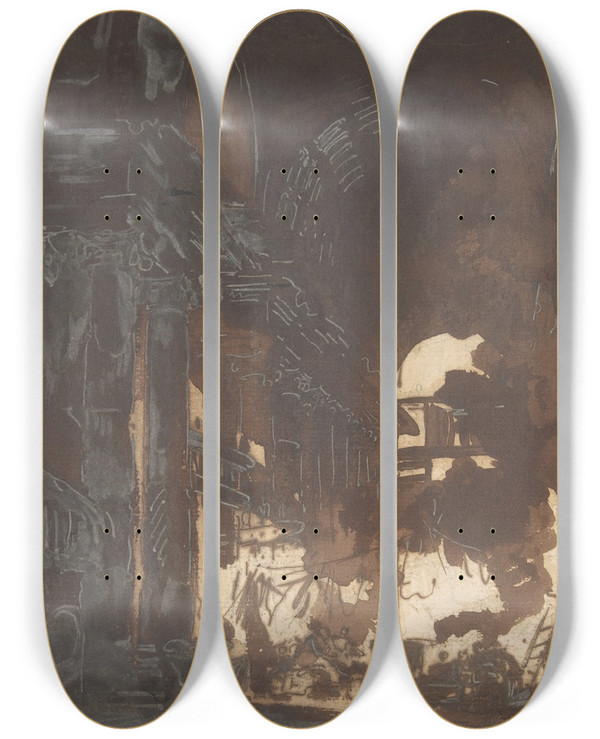 Triptych art skateboard deck of Hubert Robert Washerwomen In A Ruined Gallery by Hubert Robert (1733-1808)