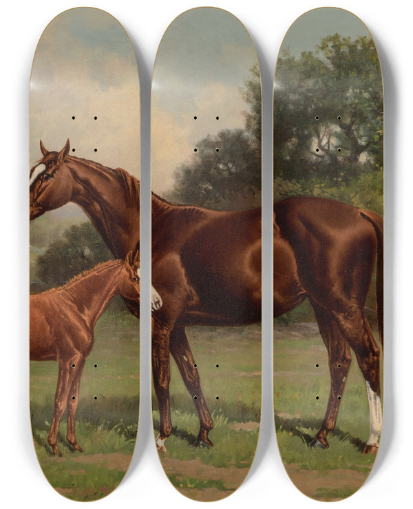 Triptych art skateboard deck of Henry Stull Castalia And Colt By Uncas by Henry Stull (1851-1913)