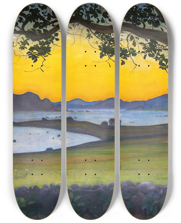 Triptych art skateboard deck of Harald Sohlberg From Vrvgen The Fishermans Cottage by Harald Sohlberg (1877-1935)