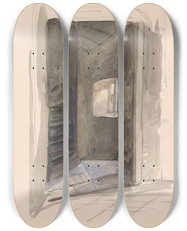 Triptych art skateboard deck of Nicaise De Keyser Stairs_2 by Nicaise De Keyser (1813-1887)