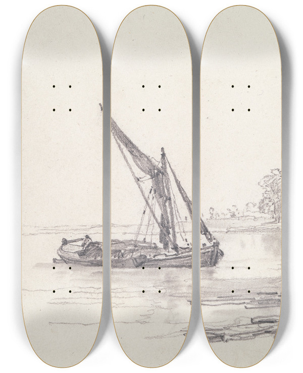 Triptych art skateboard deck of Edward William Cooke View On The Thames At Battersea by Edward William Cooke (1811-1880)