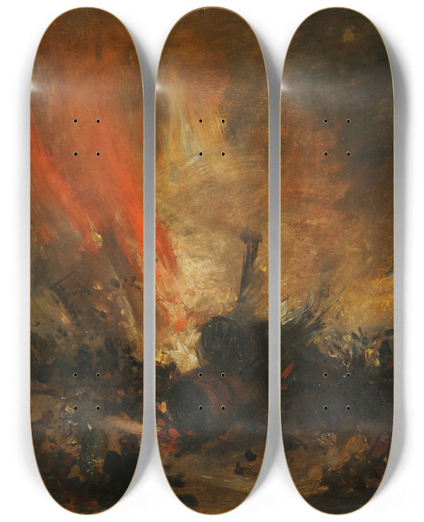 Triptych art skateboard deck of Genaro Prez Villaamil Explosin De Una Locomotora by Genaro Perez Villaamil (1807-1854)