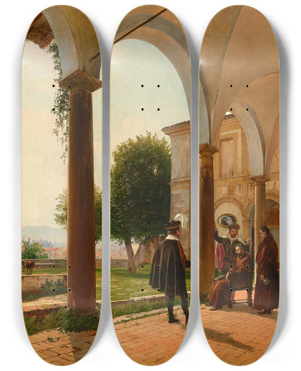 Triptych art skateboard deck of Rudolf Von Alt The Death Of Torquato Tasso At Santonofrio Al Gianicolo Rome_2 by Rudolf Von Alt (1812-1905)