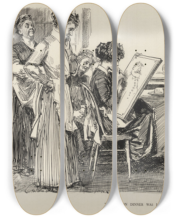 Triptych art skateboard deck of Charles Dana Gibson The Reason Dinner Was Late_2 by Charles Dana Gibson (1867-1944)