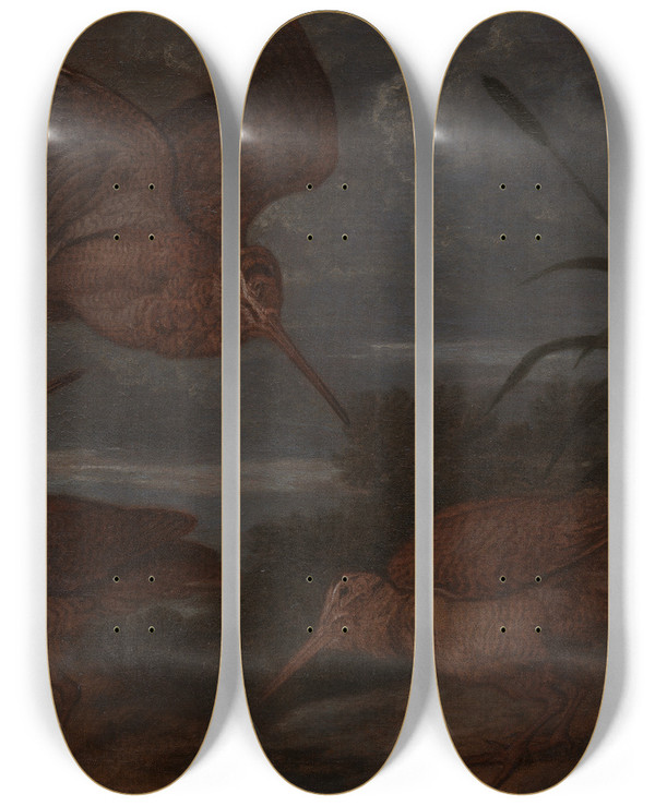 Triptych art skateboard deck of Francis Barlow Woodcock At Dusk by Francis Barlow (1626-1704)