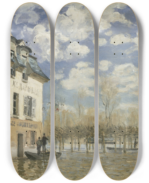 Triptych art skateboard deck of Alfred Sisley Boat In The Flood At Port Marly by Alfred Sisley (1840-1899)