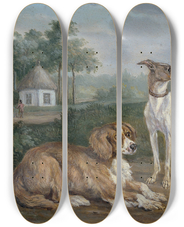 Triptych art skateboard deck of Jan Dasveldt Two Dogs by Jan Dasveldt (1770-1855)