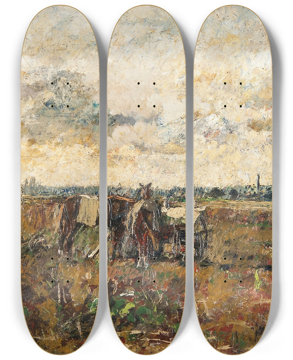 Triptych art skateboard deck of Kroly Kotsz Plain With A Working Farmer by Kroly Kotsz (1872-1941)