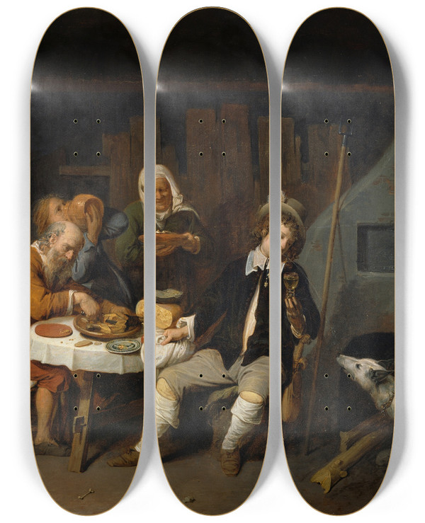 Triptych art skateboard deck of David Ryckaert Iii Dinner At A Farmhouse by David Ryckaert Iii (1612-1661)