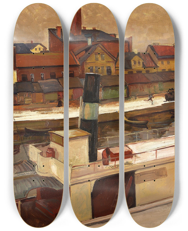 Triptych art skateboard deck of Nikolai Triik Tartu Vaade by Nikolai Triik (1884-1940)