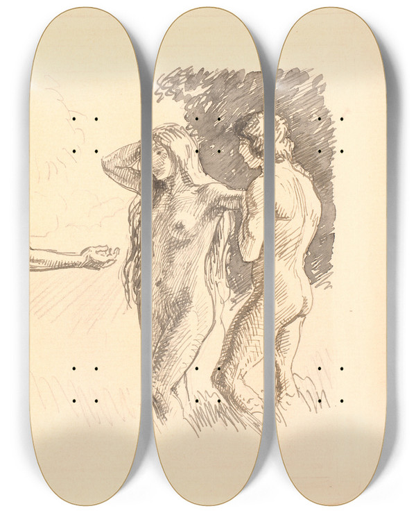 Triptych art skateboard deck of Joakim Skovgaard Adam Og Eva Fristes Af Slangen by Joakim Skovgaard (1856-1933)