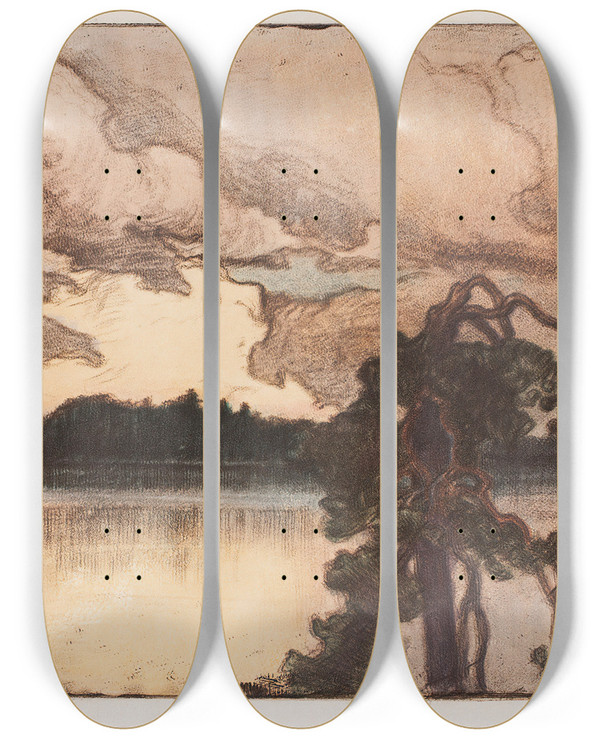 Triptych art skateboard deck of Eero Jrnefelt Lake Landscape At Sunset by Eero Jarnefelt (1863-1937)