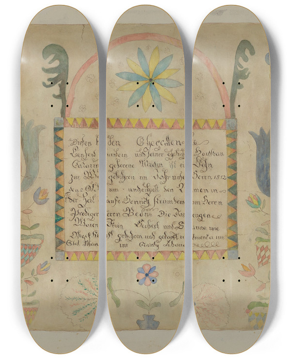 Triptych art skateboard deck of Ethelbert Brown Pa German Birth Certificate_1 by Ethelbert Brown