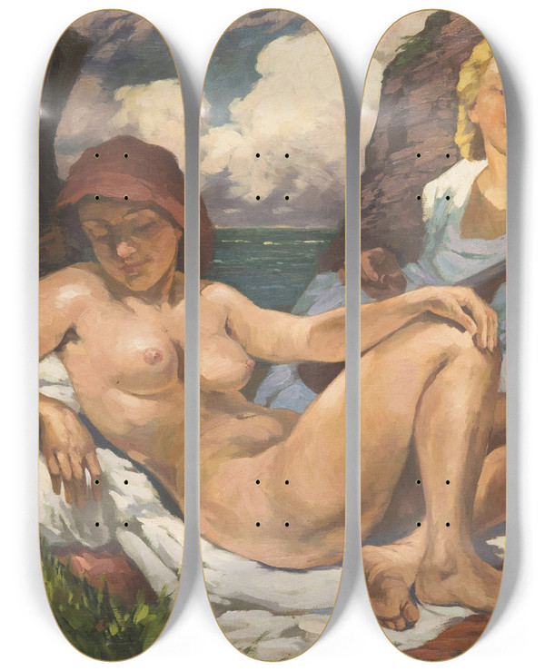 Triptych art skateboard deck of Rudolf Jelinek Resting By The Seaside by Rudolf Jelinek (1880-1944)