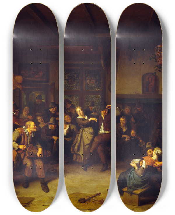 Triptych art skateboard deck of Richard Brakenburgh Dance In A Cottage by Richard Brakenburgh (1650-1702)