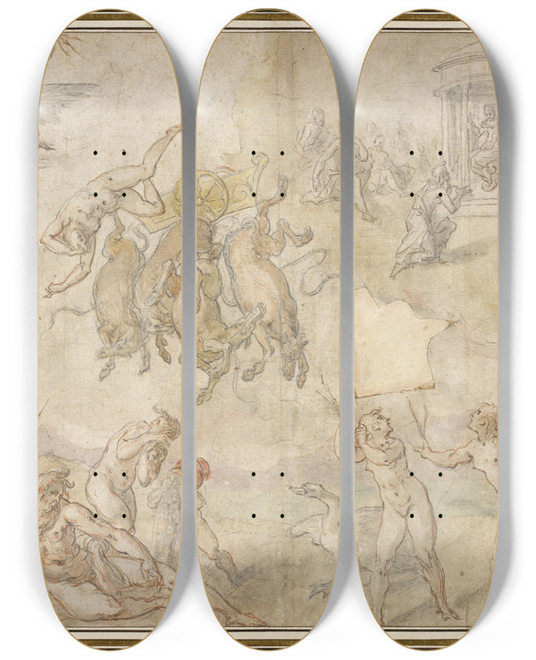 Triptych art skateboard deck of Hans Von Aachen Der Sturz Des Phaeton by Hans Von Aachen (1552-1615)