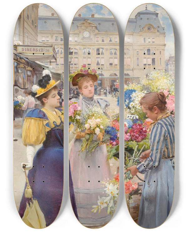 Triptych art skateboard deck of Louis Marie De Schryver Paris La Rue Du Havre by Louis Marie De Schryver (1862-1942)