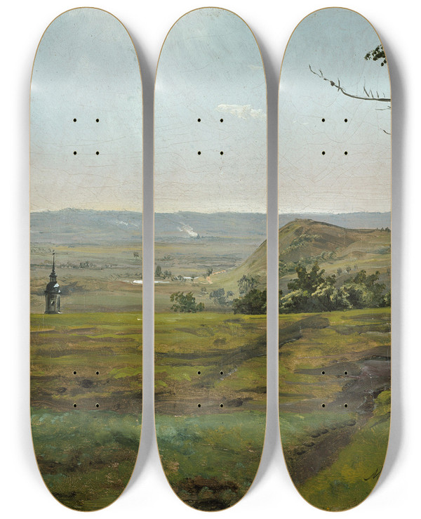 Triptych art skateboard deck of Johan Christian Dahl Green Fields Near Meissen by Johan Christian Dahl (1788-1857)