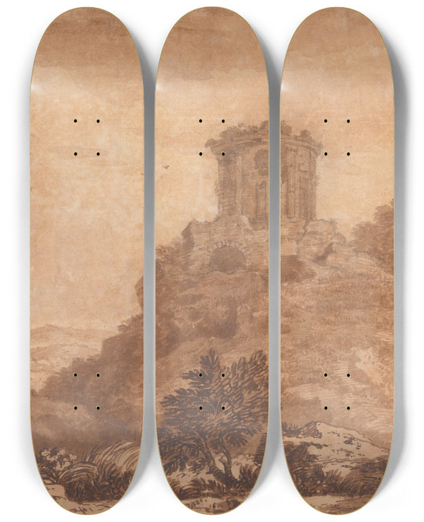Triptych art skateboard deck of Alexander Cozens Landscape With A Ruined Temple by Alexander Cozens (1717-1786)