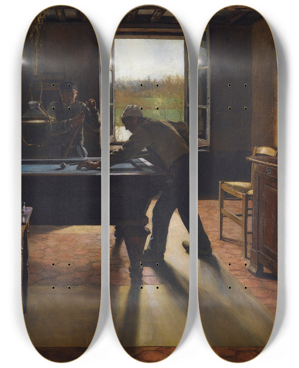 Triptych art skateboard deck of William Henry Bartlett A Game Of Billiards by William Henry Bartlett (1809-1854)