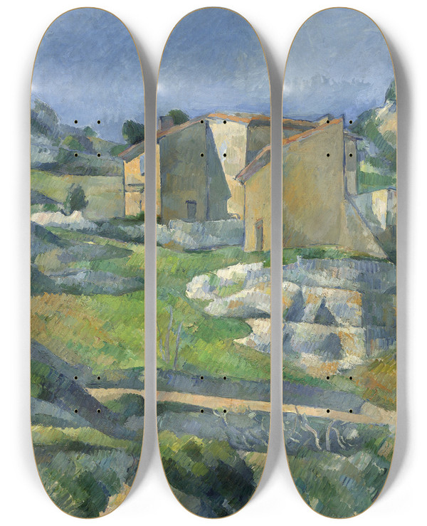 Triptych art skateboard deck of Paul Czanne Houses In Provence The Riaux Valley Near Lestaque by Paul Cezanne (1839-1906)