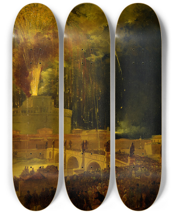 Triptych art skateboard deck of Ippolito Caffi La Girandola Fireworks From Castel Santangelo In Rome by Ippolito Caffi (1809-1866)