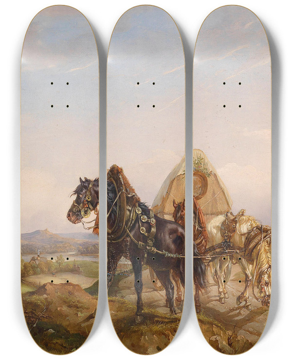 Triptych art skateboard deck of Carl Pischinger Der Zrtliche Fuhrmann by Carl Pischinger (1823-1886)
