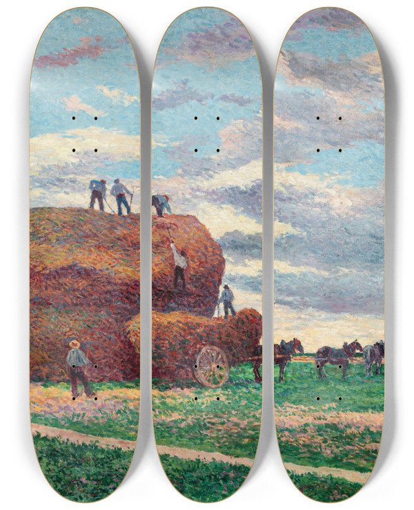 Triptych art skateboard deck of Maximilien Luce La Meule De Foin by Maximilien Luce (1858-1941)