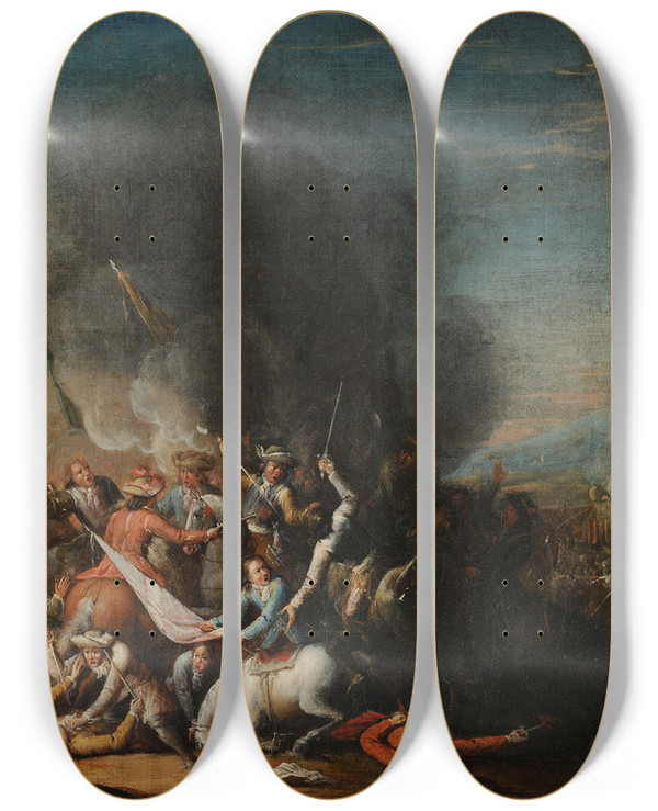 Triptych art skateboard deck of Louis Joseph Watteau Bataille by Louis Joseph Watteau (1731-1798)
